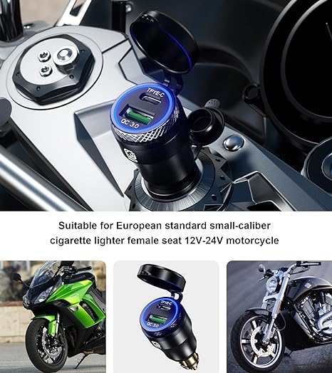 Kewig Aluminum DIN Hella Plug to Dual QC3.0 USB & Type-C Quick Charger Waterproof Adapter for 12V-24V BMW Ducati Triumph Motorcycle Hella DIN Socket (Black with Blue Light) (KWG-B8)